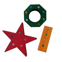 Different shapes with beads deeply embedded in the wood. Thickness of the wood will depend on the type of parrot.