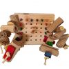 Lots of pins and wooden beads are deeply embedded with four strings with pine blocks.